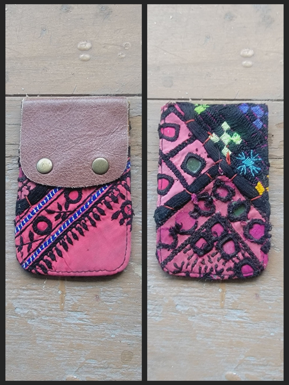 Free People embroidered banjara boho repurposed vtg leather wallet card case